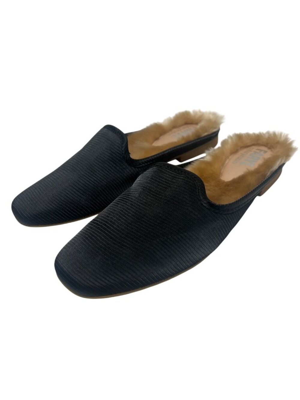 Faryl by Farylrobin NWOT Black Ribbed Satin Fur Lined Slides